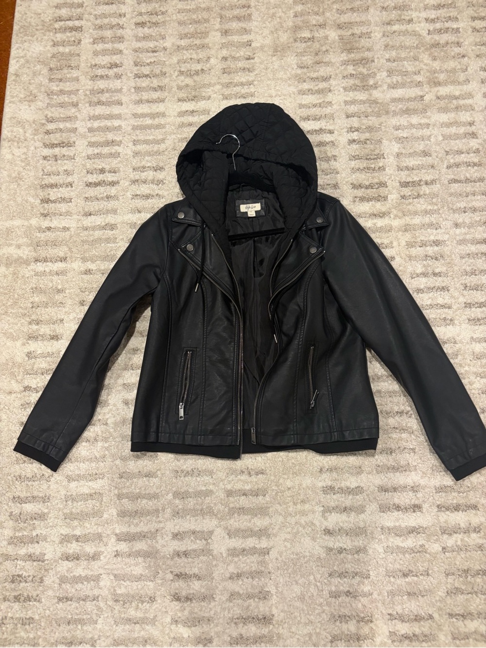 Style & Co. Black Hooded Faux Leather Moto Jacket Women’s. Great condition!